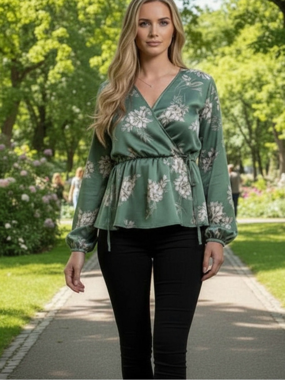 Vanilla Bay Floral Wrap Blouse in Sage Green